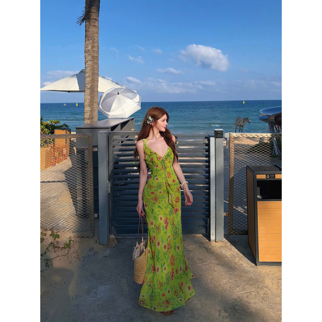 Đầm maxi hoa mùa hè xanh lá nhiệt đới