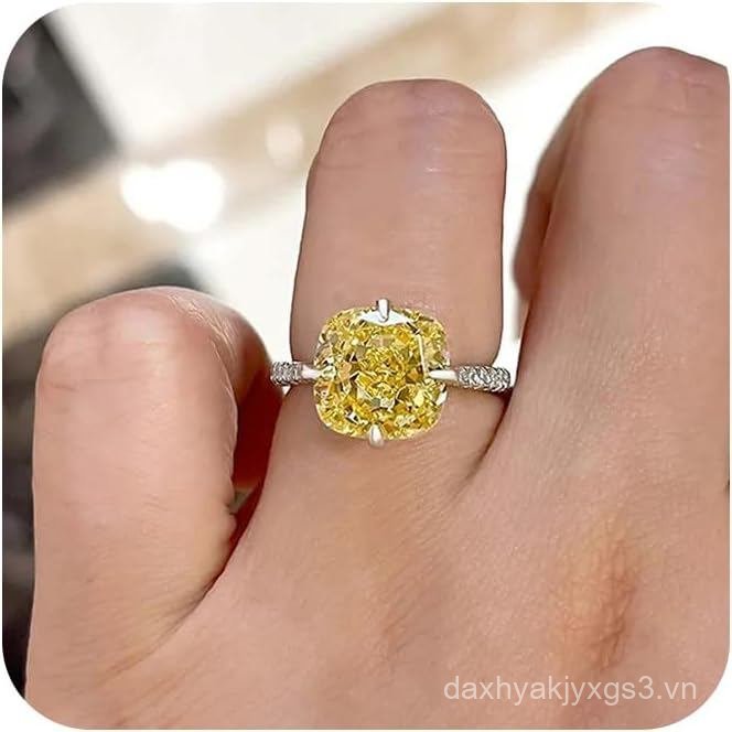 Nhẫn Yellowstone Cube Zirconia Vuông Pha Lê Vàng Đính Hôn Nhẫn Công Chúa Phong Cách Nữ 4 Carat Đá Đơn 18K Mạ Vàng 5AXZ Vô Hình Halo Cocktail Nhẫn