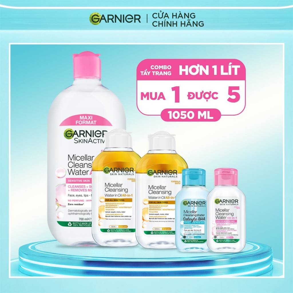 Bộ 1 LÍT Nước Tẩy Trang làm sạch sâu dịu nhẹ cho mọi loại da- Garnier Micellar Cleansing Water