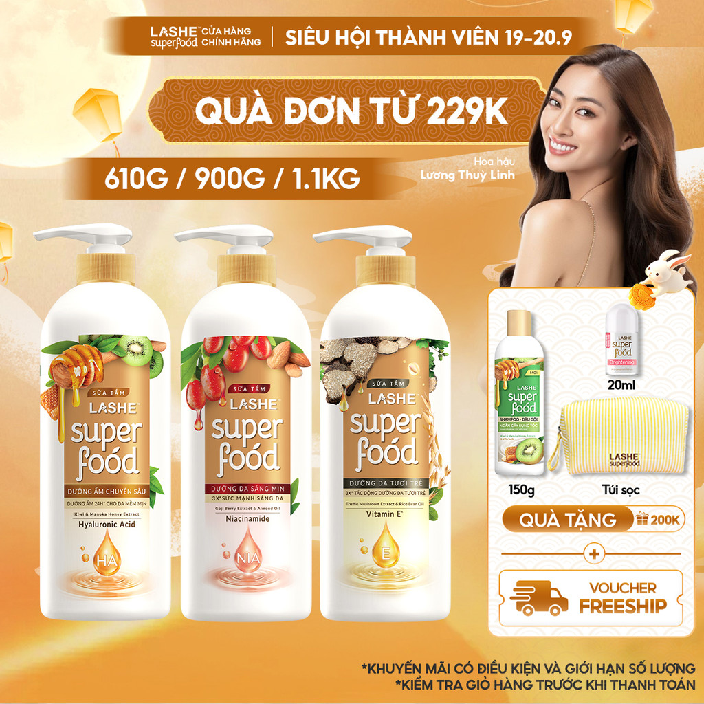 [VOUCHER SINH VIÊN 35%] Sữa Tắm LASHE SUPERFOOD Dưỡng Da Sáng Mịn / Dưỡng Ẩm Chuyên Sâu / Dưỡng Da Tươi Trẻ 610G/ 1.1KG | BigBuy360 - bigbuy360.vn