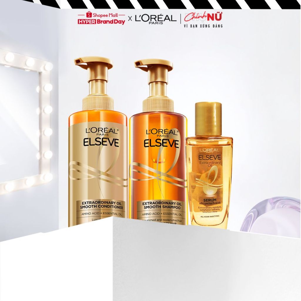 Bộ gội xả dưỡng tóc suôn mượt tóc cao cấp L'Oreal Paris Sleek 440ml x2 & Dầu dưỡng chiết xuất tinh dầu 30ml
