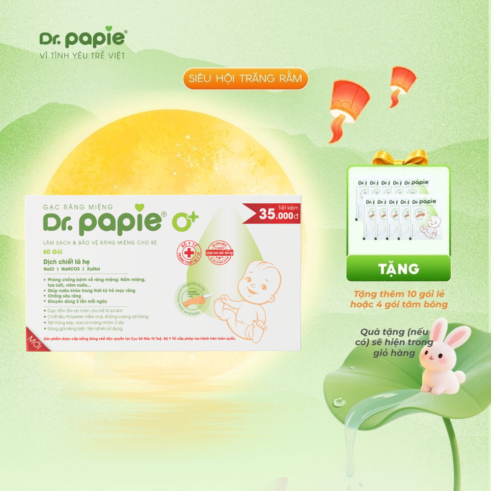 [60 Gói] Gạc Rơ Lưỡi Bé Sơ Sinh, Làm Sạch Răng, Lưỡi, Nướu, Phòng Tưa Lưỡi Nấm Miệng Dr.Papie Sáng Chế Độc Quyền (60gói)