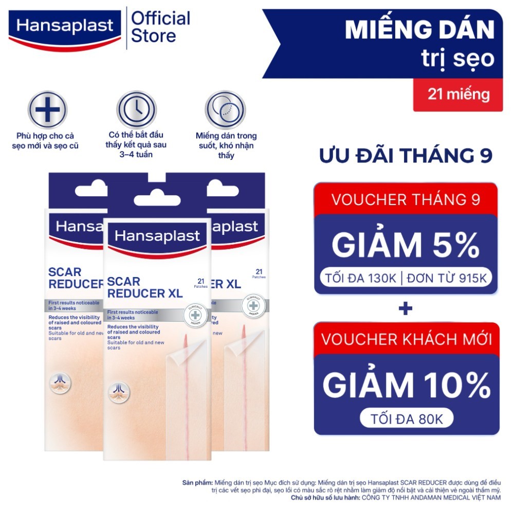 [Bộ 3 hộp XL dùng trong 9 tuần] Miếng dán giảm sẹo HANSAPLAST XL 2x21 miếng |Dành cho sẹo mổ sau sinh và sẹo phẫu thuật