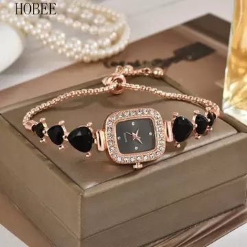 Đồng hồ đeo tay đính đá HOBE, Đồng hồ đeo tay cổ điển có thể điều chỉnh, Quà tặng thời trang Đồng hồ nữ hình trái tim đơn giản Đồng hồ công sở nữ