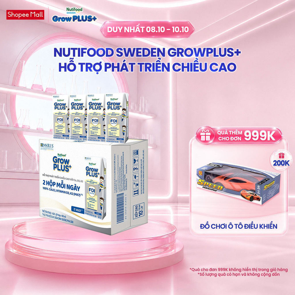 Thùng 24 hộp Sữa Bột Pha Sẵn Nutifood Sweden GrowPLUS+ Cao lớn vượt trội hộp 180 ml