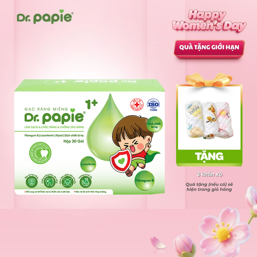 Gạc Vệ Sinh Chống Sâu Sún Răng Ưu Việt Làm Sạch Răng Miệng An Toàn Dr.Papie 1+ Dành Cho Bé Trên 1 Tuổi (30 gói/hộp)