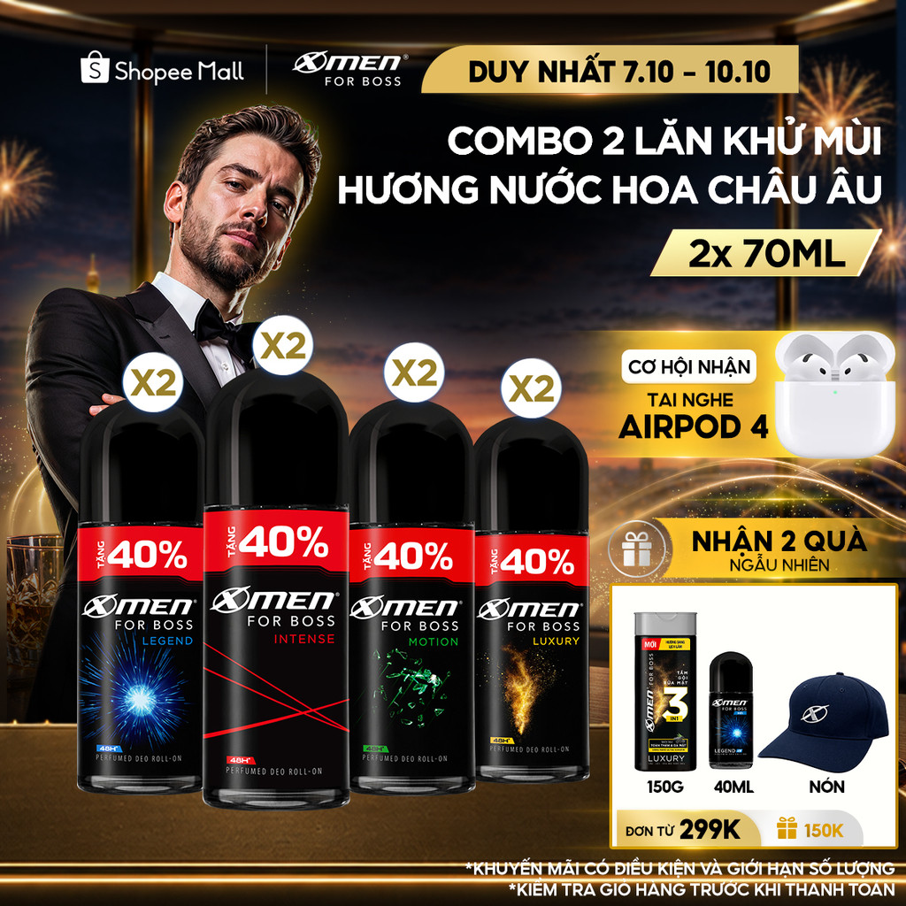 [Tặng thêm 40% dung tích] Combo 2 Lăn khử mùi X-Men For Boss Intense/ Luxury/Legend/Motion 70ml/chai
