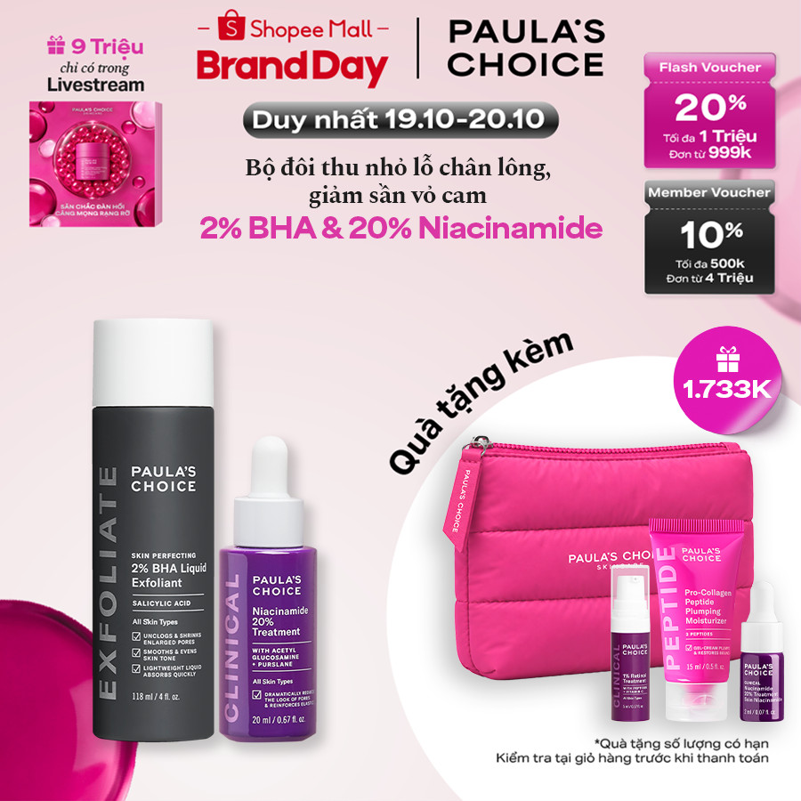Bộ đôi thu nhỏ lỗ chân lông Paula's Choice Clinical Niacinamide 20% , Skin Perfecting 2% BHA Liquid Mã 8030-2010