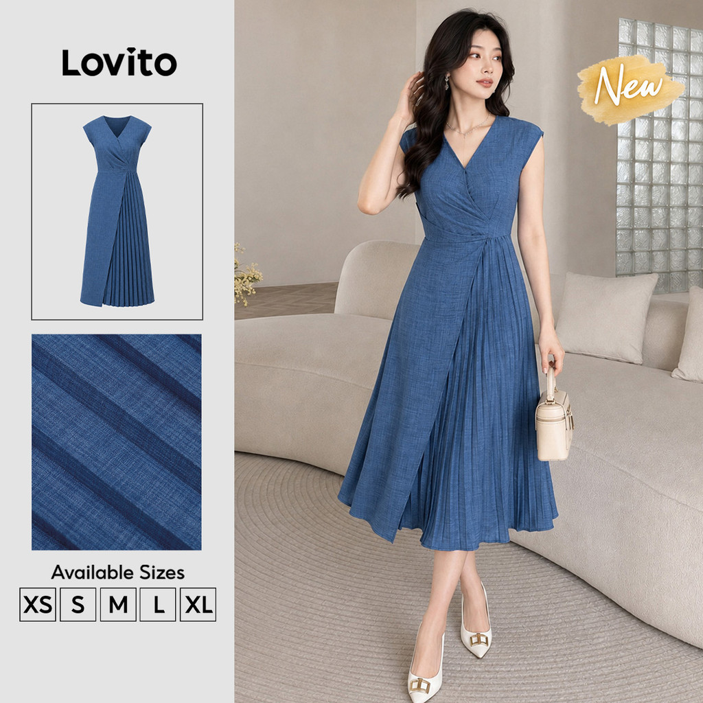 (New Arrival) Lovito Đầm chữ a dài màu Xanh dương Thanh lịch xếp Ly bất đối xứng Phong cách công sở mùa xuân hè dành Cho nữ DRB204P1D434