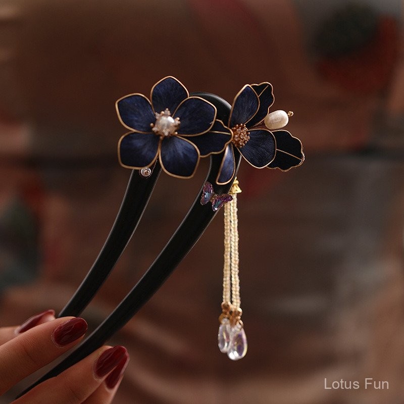 Kẹp tóc phong cách Trung Hoa retro, lụa nhung hoa, gỗ đàn hương hình chữ U, màu xanh hải quân, phù hợp cho kiểu tóc hàng ngày