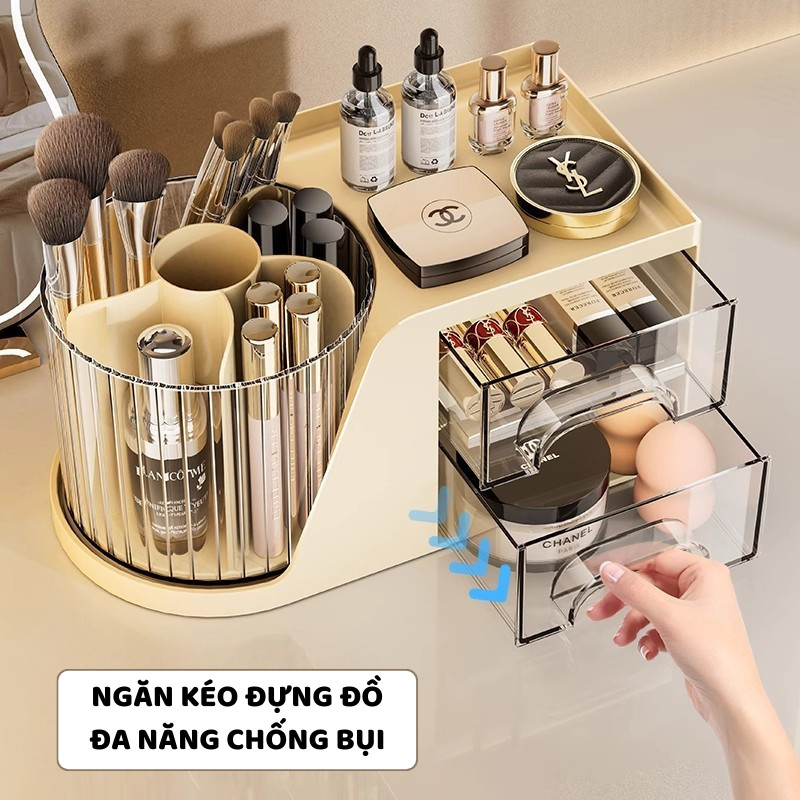 Khay Đựng Đồ Trang Điểm Để Bàn ENODA HOME, Khay Đựng Đồ Makeup Kèm Ống Đựng Cọ Xoay Tròn P056