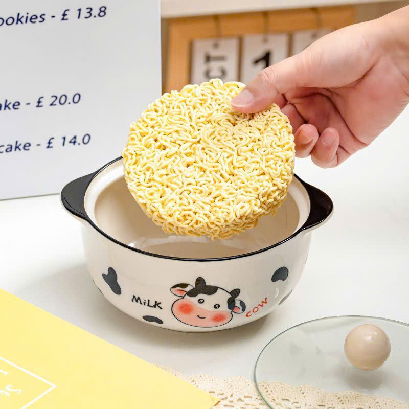 Tô Sứ Hình Bò Sữa 800ml Có Nắp – Tô Ăn Mì, Tô Cơm, Tô Cháo Dễ Thương, Giữ Nhiệt Tốt, An Toàn Lò Vi Sóng