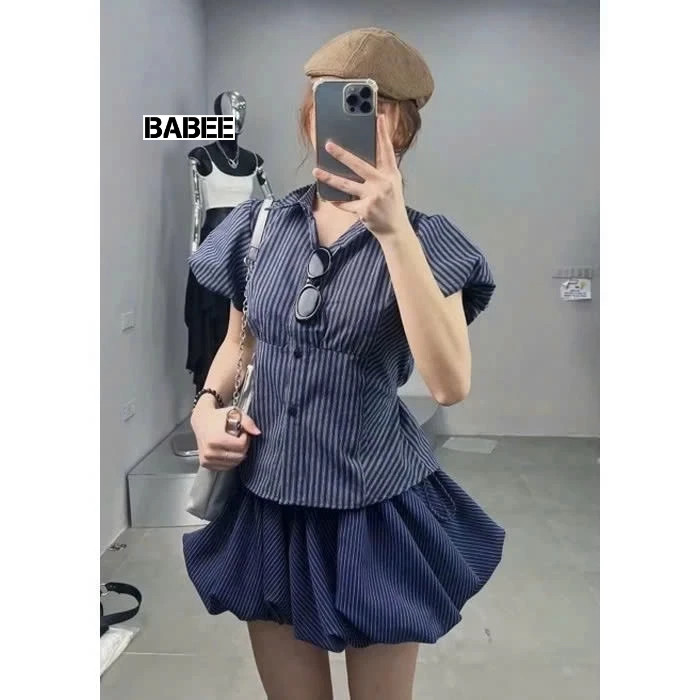 Áo Sơ Mi Nữ  Kẻ Sọc Tay Ngắn Phồng Chiết Eo Buộc Nơ Sau Xinh Xắn Trẻ Trung Năng Động Cá Tính