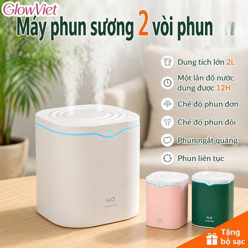 Máy tạo độ ẩm phun đôi 2.2L,Tích Hợp đèn Ngủ LED Nhiều Màu,sương mịn dưỡng ẩm,Yên Tĩnh Cho Phòng Ngủ