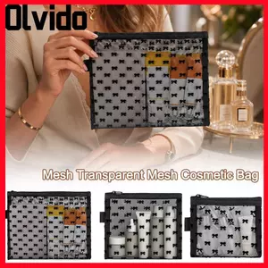 OLVIDO 1 / 3 Túi đựng mỹ phẩm lưới, Túi đựng đồ trang điểm trong suốt bằng lưới, Túi đựng đồ vệ sinh có dây kéo họa tiết nơ lưới Nhà vệ sinh nữ