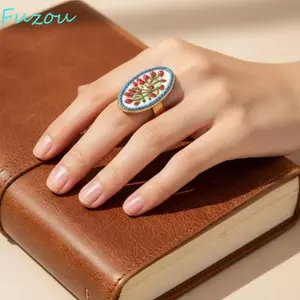 Nhẫn hoa tráng men FUJIZOU, In nhẫn cổ điển kiểu Pháp, Nhẫn tráng men nhiều màu sắc phong cách dân tộc độc đáo dành cho nữ