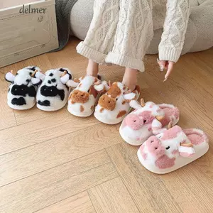 Dép xỏ ngón DELMER Nữ, Dép bò đốm dày nhung, Dép xỏ ngón thoải mái chống trượt Kawaii Dép ấm áp mùa đông thu đông