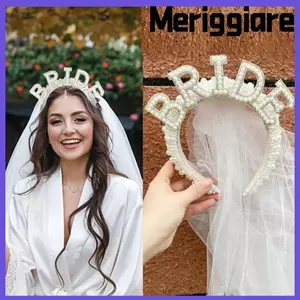 Băng đô vương miện ngọc trai MERIGGIARE cho cô dâu, phụ kiện tóc cưới trắng kèm khăn voan, quà tặng tiệc độc thân