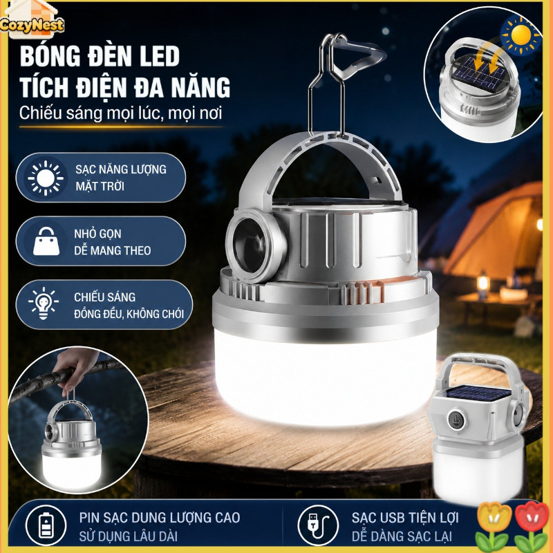 Bóng đèn LED tích điện đa năng|Sạc Type-C + năng lượng mặt trời| Dùng ngoài trời,cắm trại,gia đình