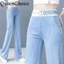 Phụ Nữ Full Chiều Dài Quần Jean Nữ Cao Cấp Ánh Sáng Xanh Mềm Denim Quần Ống Rộng Quần