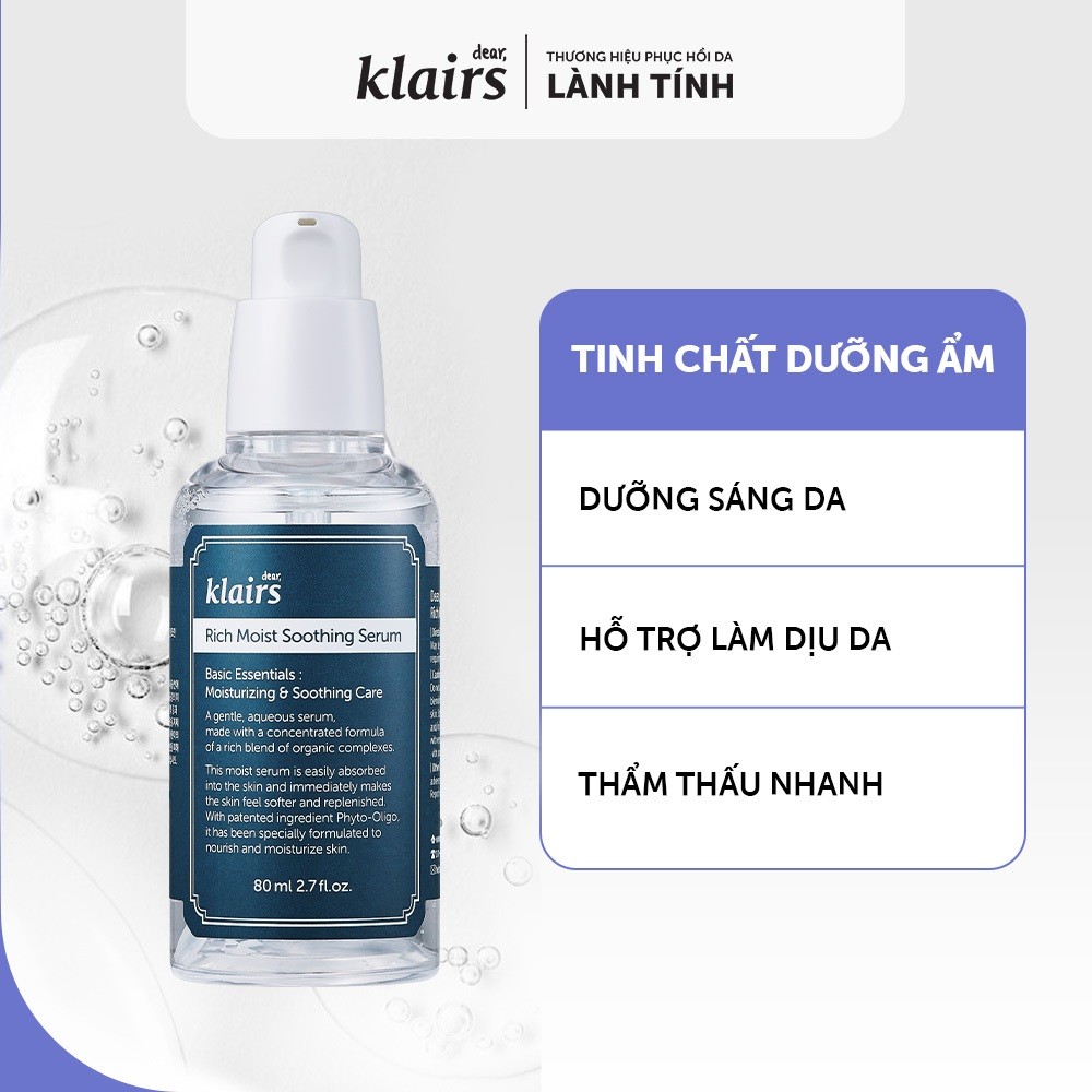 Combo Tinh chất Dear, Klairs Rich Moist Soothing Serum 80ml + Kem dưỡng Dear, Klairs Rich Moist Soothing Cream 80g [FS]
