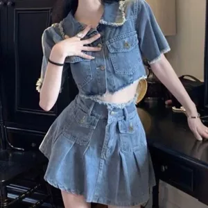 Set đồ nữ, Set áo demin jeans + chân váy xếp ly siêu cá tính - - Hieuvy Botique