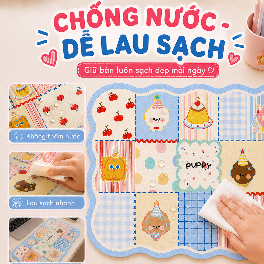 thảm trải bàn làm việc chống nước miếng lót chuột cỡ lớn dễ thương da litchi cao cấp 1.3mm chống ồn ký túc xá học sinh decor