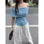 Áo thun ngắn tay dệt kim một vai Hot Girl mùa hè 2026 ngắn Slim-Fit Slimmer Look Niche Strapless Gentle