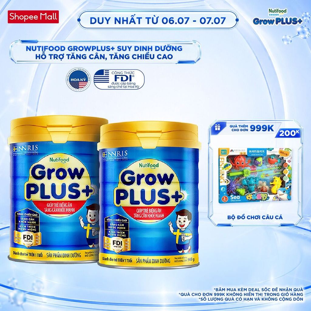 Combo 2 Sữa Bột Nutifood GrowPLUS+ Xanh (Biếng Ăn) 900g - Trên 1 Tuổi - Tăng Cân Khỏe Mạnh (2 Lon x Lon 900g)