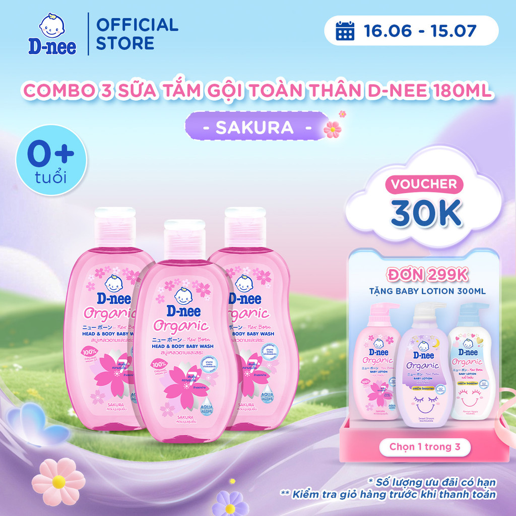 Combo 3 Tắm gội toàn thân em bé (<3 tuổi) D-nee 180ml /Chai - Sakura