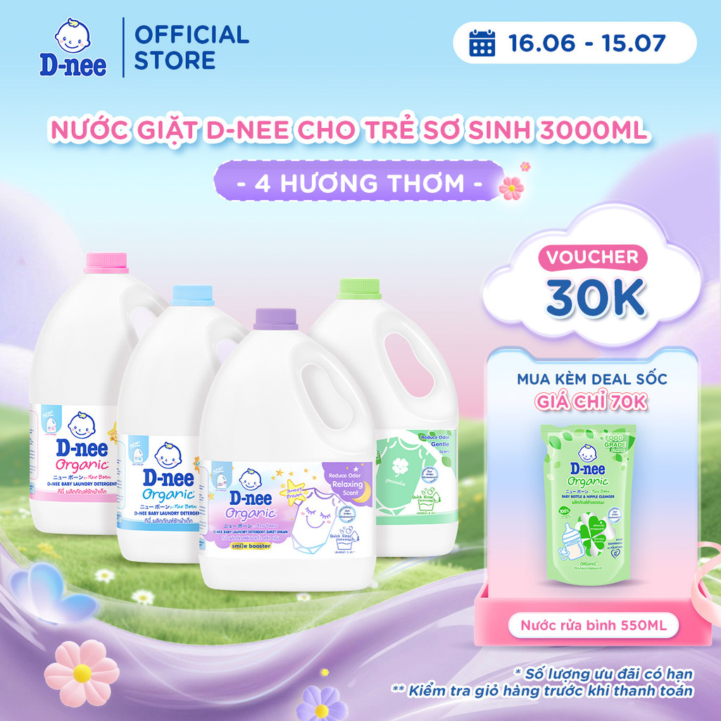 Nước giặt D-nee cho trẻ sơ sinh, mềm dịu, thơm nhẹ, không hư hại quần áo - Can 3000ml - 4 Hương thơm