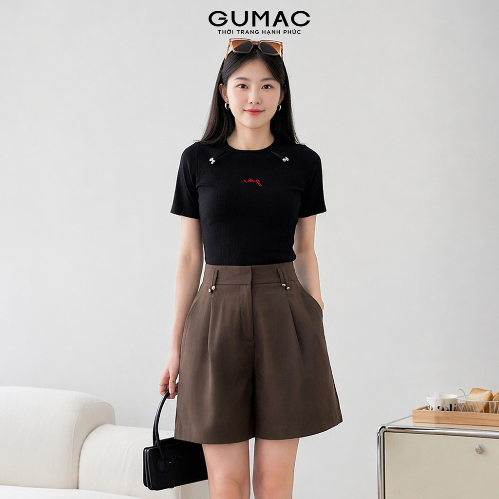 Áo Thun Nữ Form Ôm Xẻ Kiểu Đính Nơ Thêu Chữ Vải Mịn Mát Tôn Dáng Thời Trang GUMAC LATE1112