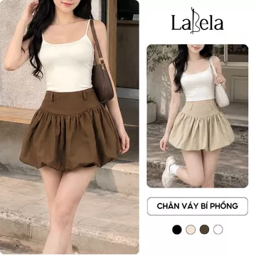 Chân váy bí Labela, chân váy cạp cao xoè bồng chất liệu vải gió nhăn,Chân váy đùi nữ dáng phồng xếp ly lưng cao 385