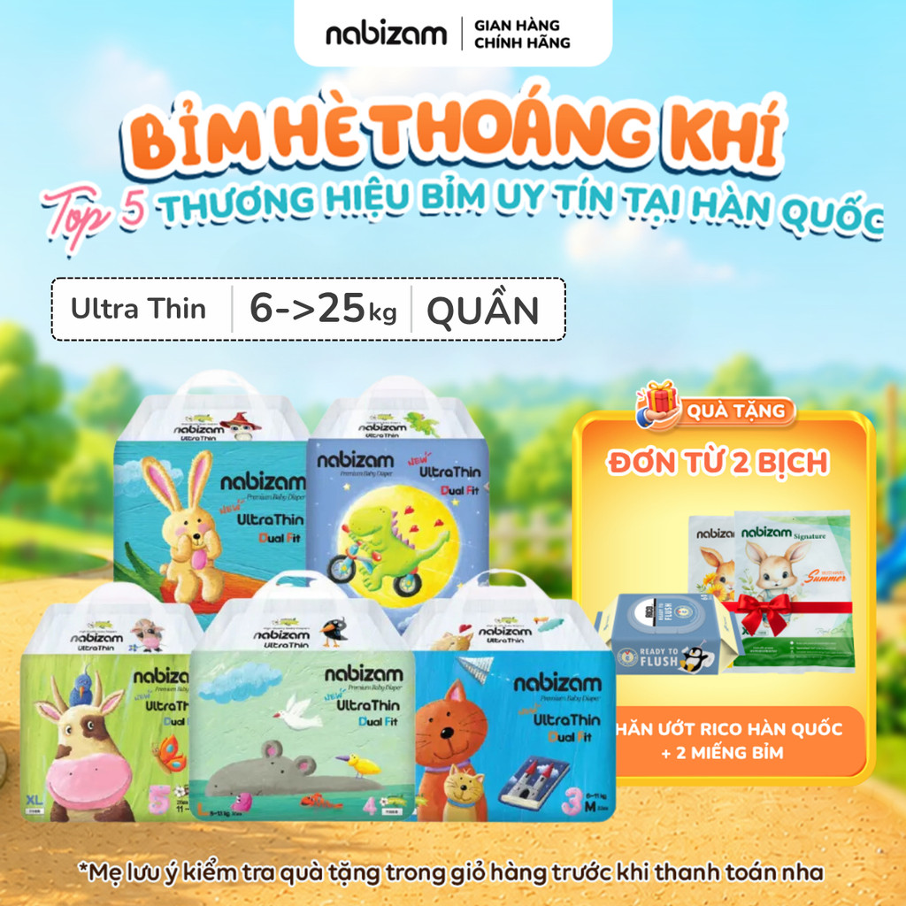 Tã/Bỉm Quần NABIZAM Ultra Thin Nội Địa Hàn, Mềm Mỏng Size M32/L30/XL26/2XL22/3XL20 Cho Bé 6-25kg