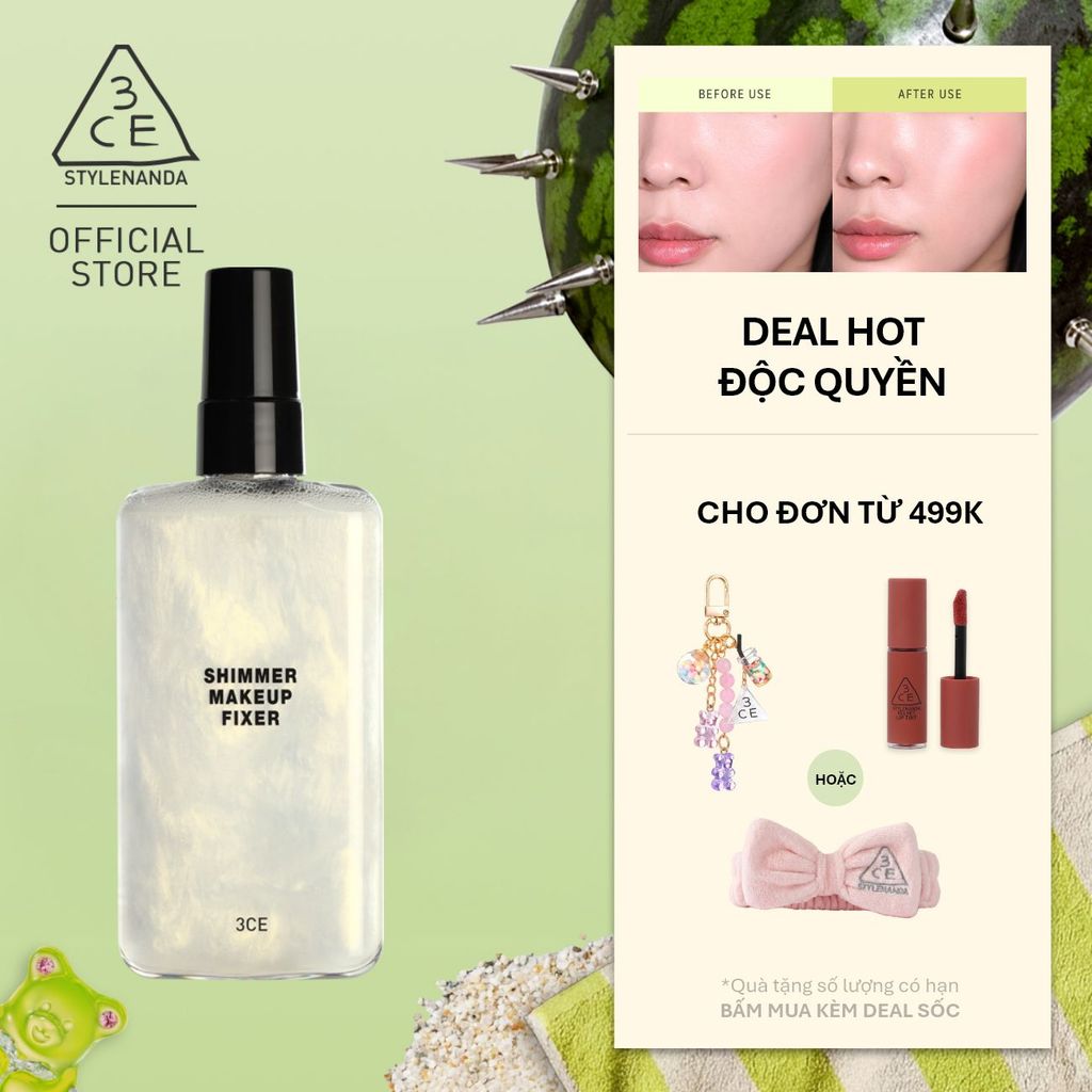 Xịt Khóa Nền 3CE Shimmer Makeup Fixer Tia Sương Mỏng Nhẹ, Bền Chắc Lâu Trôi, Hiệu Quả Giữ Ẩm Căng Bóng