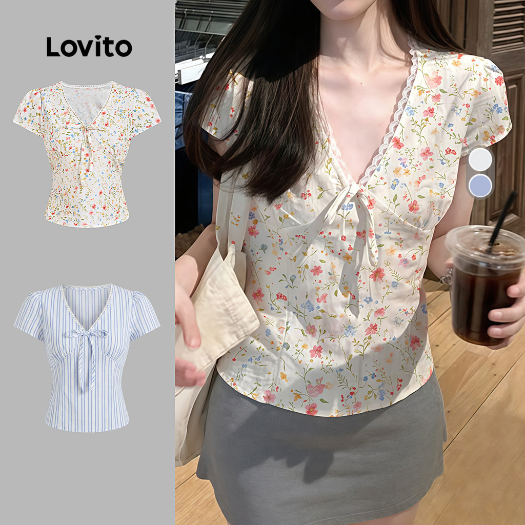 Lovito Phong cách thường ngày Áo phối cột nơ phối ren mùa xuân/hè cho nữ L177ED230