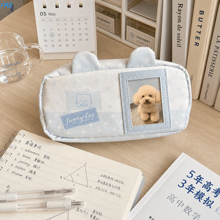 Hộp Đựng Bút Chì Chấm Bi FRE, Túi Đựng Bút Tai Gấu Dung Tích Lớn In Hình Ngôi Sao, Khe Cắm Thẻ Ảnh Dễ Thương Đa Chức Năng Bền Đẹp Văn Phòng Tổ Chức Văn Phòng Phẩm Văn Phòng Phẩm Văn Phòng