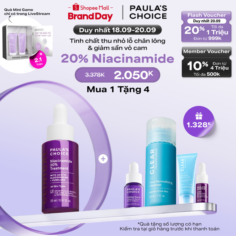 Tinh chất thu nhỏ lỗ chân lông to và làm sáng mịn bề mặt da Paula's Choice Clinical Niacinamide 20% Treatment 20ml 8030
