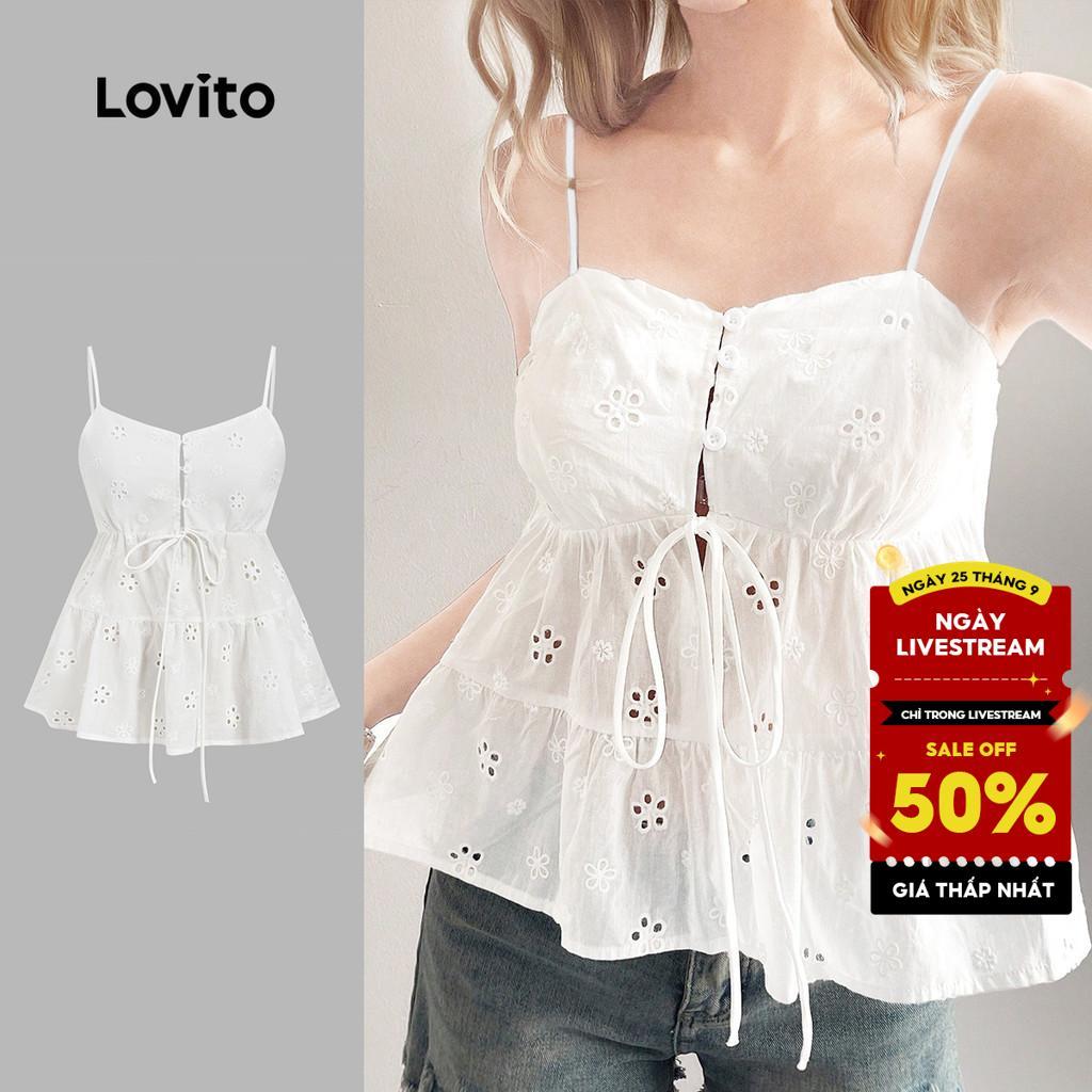 Áo nữ Lovito Kỳ nghỉ trắng ngà xuân hè buộc dây nút phong cách L165ED038