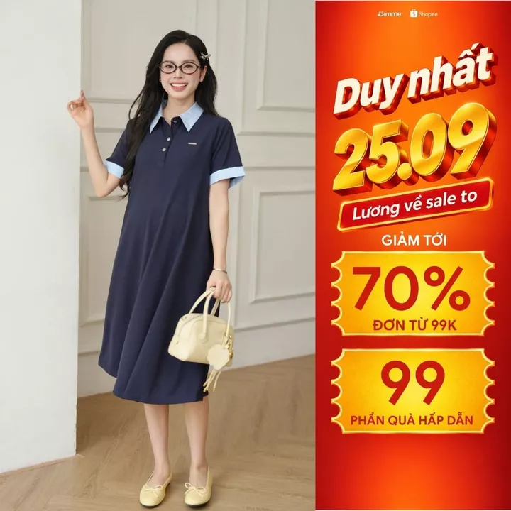 Váy suông basic phối cổ polo chất liệu cotton gạo Remy Dress, Váy bầu form suông giấu bụng cho mẹ bầu và sau sinh