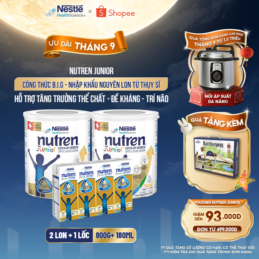 Bộ 2 Sữa Bột NESTLÉ NUTREN JUNIOR Thụy Sĩ Với Công Thức BIG Hỗ Trợ Tăng Trưởng Cho Bé 800G+Lốc 4 hộp sữa pha sẵn 180ML
