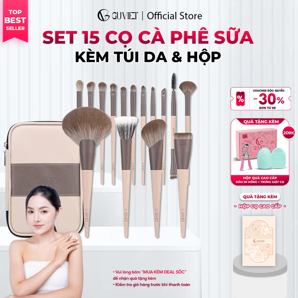 Bộ cọ trang điểm cá nhân cao cấp GUVIET màu cà phê sữa gồm 15 cọ đi kèm túi da và hộp đựng