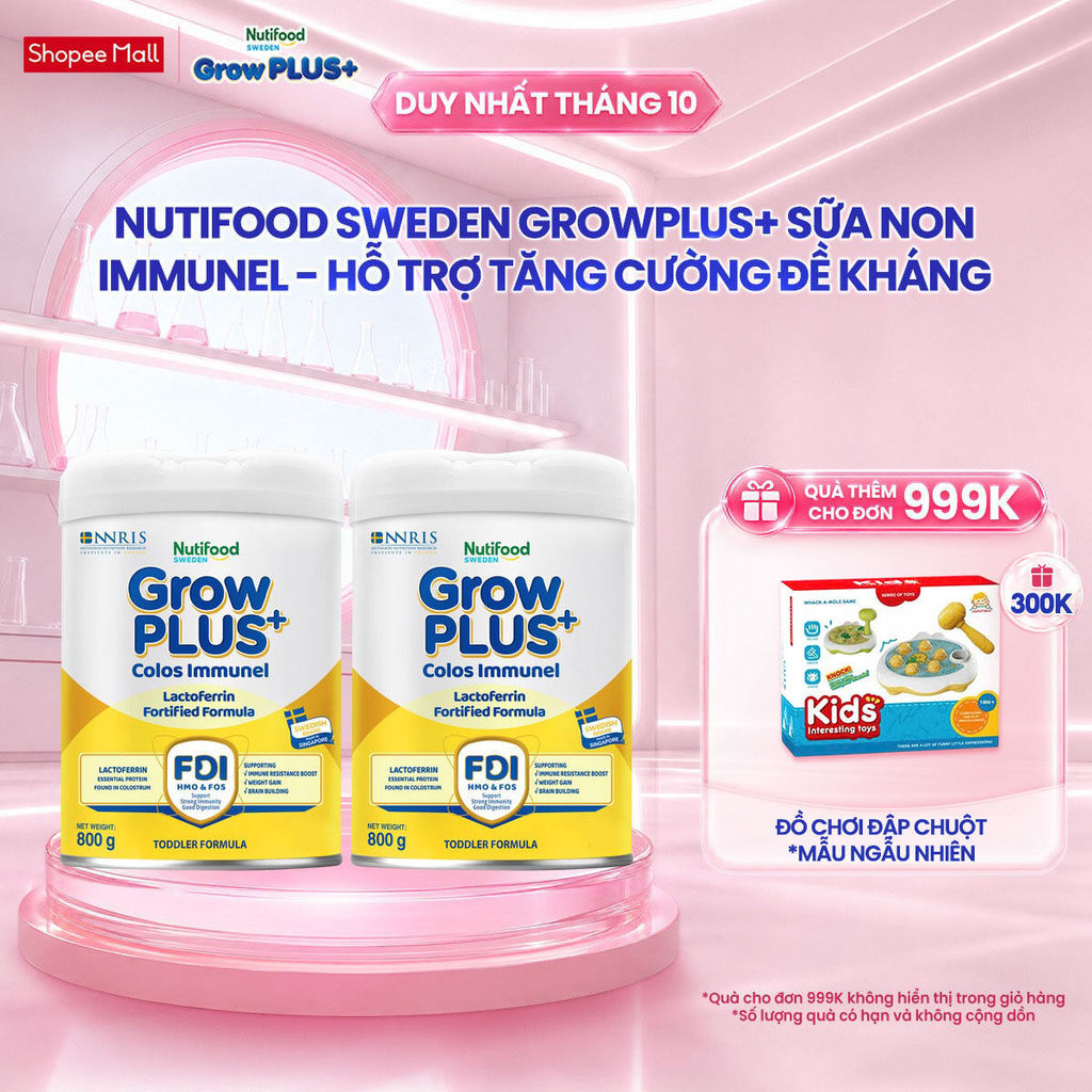 Combo 2 Sữa Bột Nutifood Sweden GrowPLUS+ Sữa Non Immunel lon 800 g (Bao bì tuỳ lô hàng)