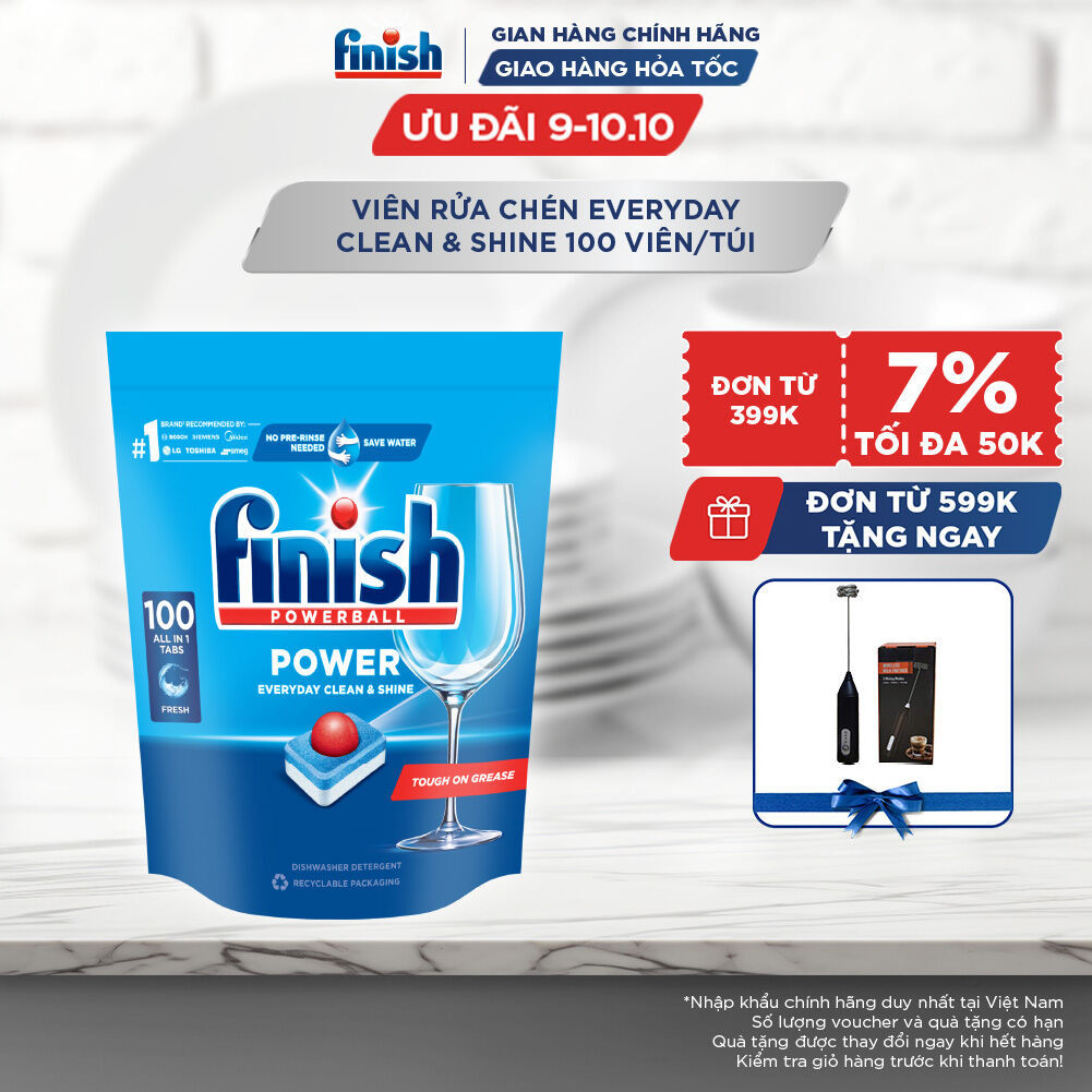 Viên Rửa Chén Bát Finish Powerball Power Everyday Clean & Shine - Túi 100 viên siêu tiết kiệm