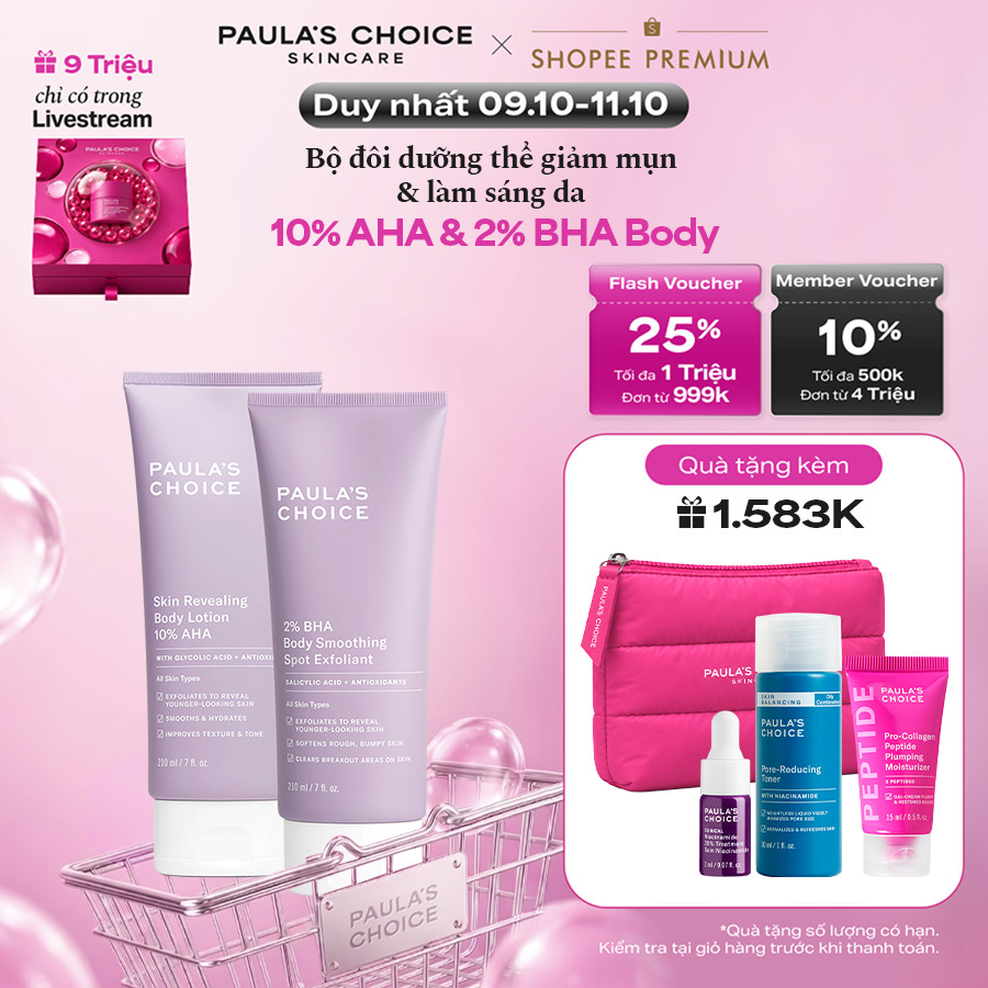 Bộ đôi kem dưỡng thể 10% AHA làm sáng da,mờ thâm+ 2% BHA giảm viêm lỗ chân lông và mụn cơ thể Paula's Choice