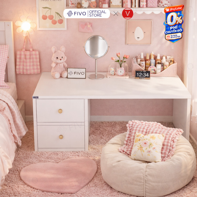 Bàn Trang Điểm Gỗ Ngồi Bệt Hộc Kéo FV01 FIVO, Kết Hợp Làm Bàn Học Bàn Thưởng Trà, Không Lộ Vít Bề Mặt, Đa Dạng 7 Màu Sắc
