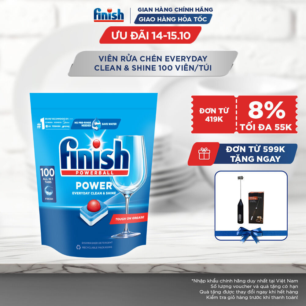 Viên Rửa Chén Bát Finish Powerball Power Everyday Clean & Shine - Túi 100 viên siêu tiết kiệm