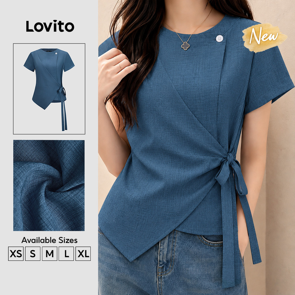 (New Arrival) Lovito Áo kiểu nữ màu mơ Thanh lịch Tay ngắn cổ chữ U buộc dây kiểu dáng bất đối xứng thoải mái nhưng thời Trang mặc công sở mùa xuân hè BLK10P2D592