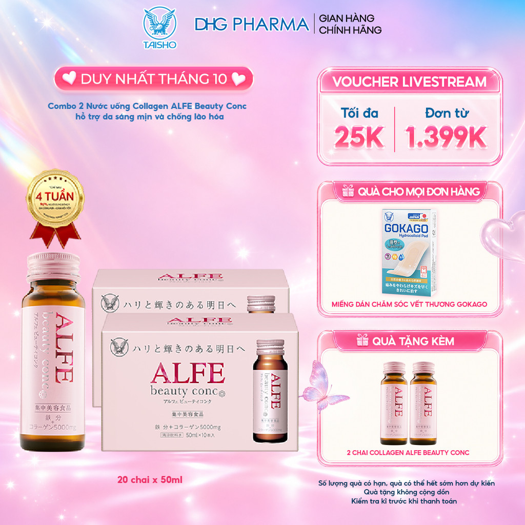 Combo 2 Collagen uống ALFE Beauty Conc hỗ trợ tăng đàn hồi da, giúp da sáng mịn 10 chai x 50ml - Chính hãng