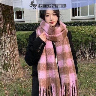 Onetimingfine Kẻ Sọc Khăn Checkerboard Khăn Mềm Mại Nữ Mùa Đông Ấm Áp Kép Sử Dụng Khăn Choàng Dài Vintage Dày Khăn Viền VN